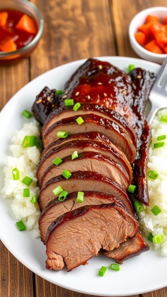 Slices of Korean BBQ brisket with rice and garnish on a rustic table.